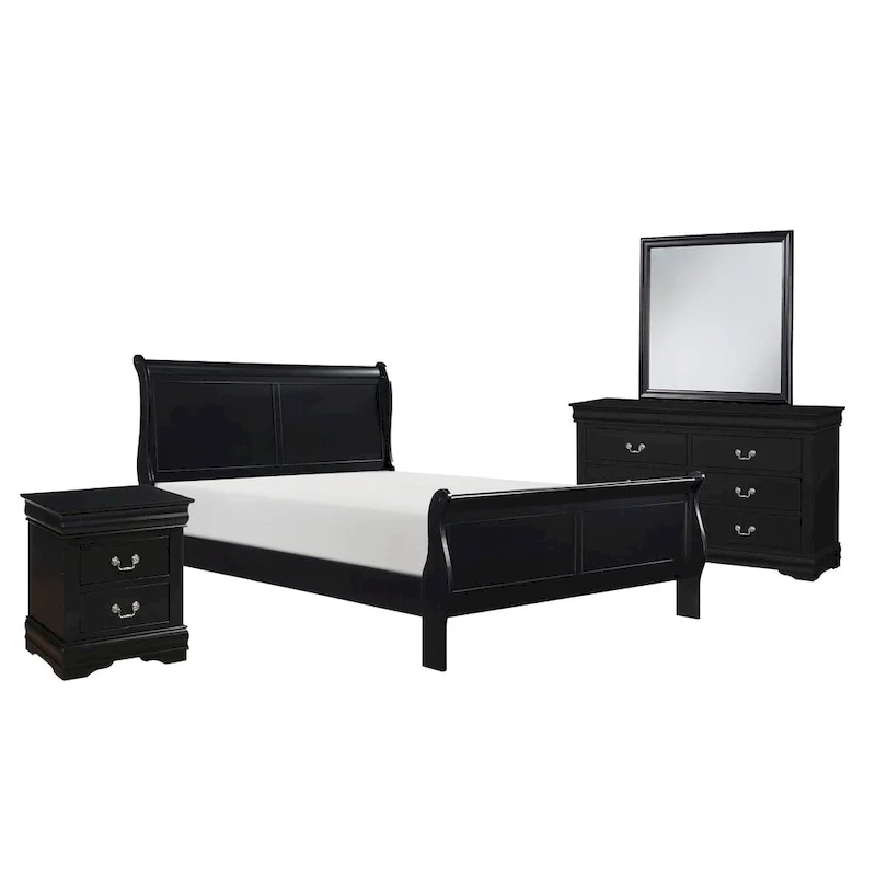 Four Piece Queen Size Bedroom Set, Antique Nickel Metal Handles, Black