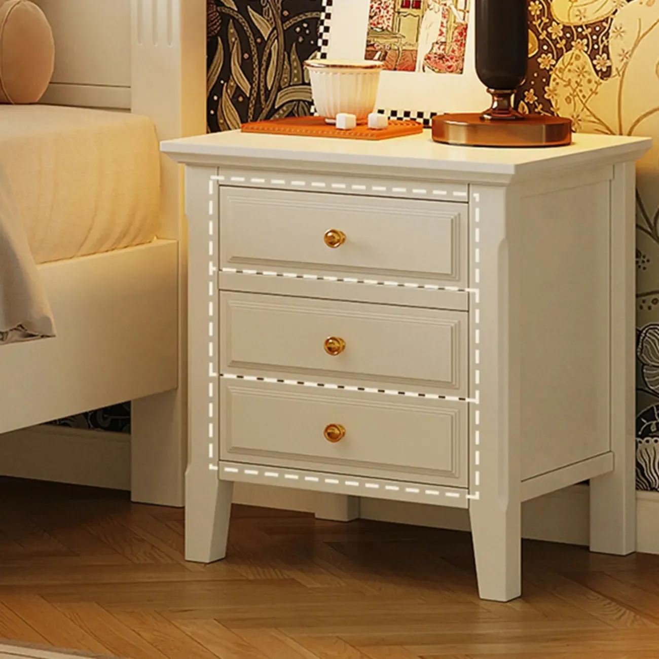 White Rubberwood 2 Drawers Narrow Nightstand with Legs