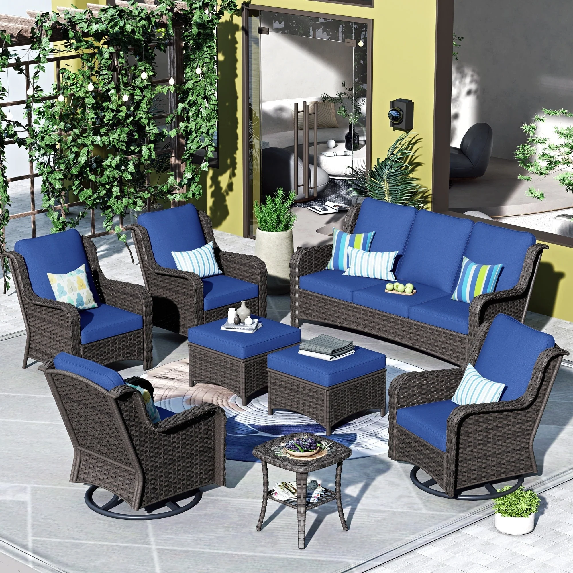 OVIOS 8-piece Patio Wicker Furniture Swivel Chair Set