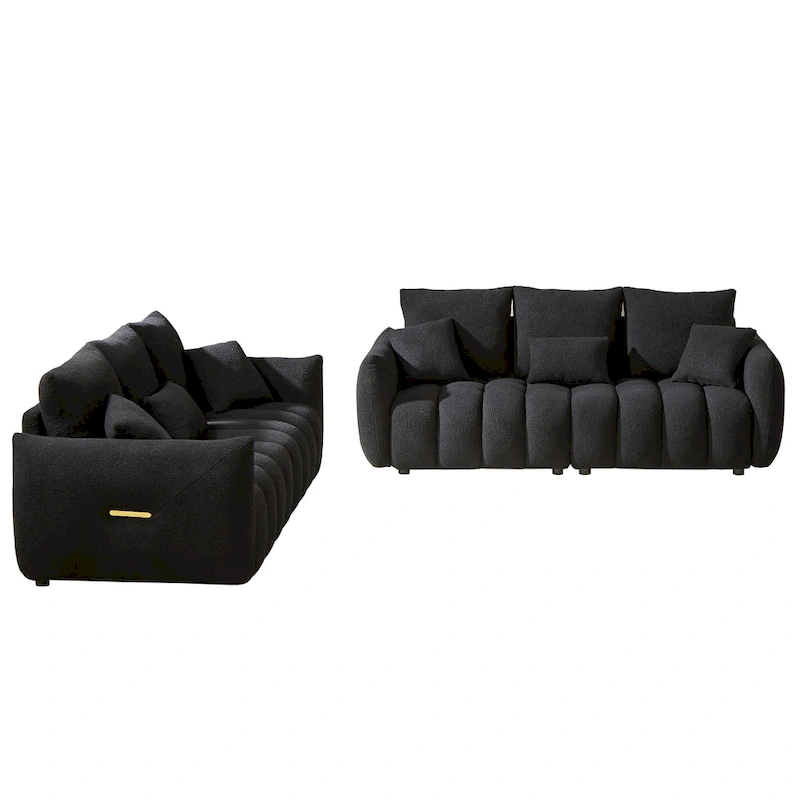 2-Pieces 6-Seat Teddy Fabric Sectional Sofa Set (3+3) with Wooden Frame & 6 Pillows