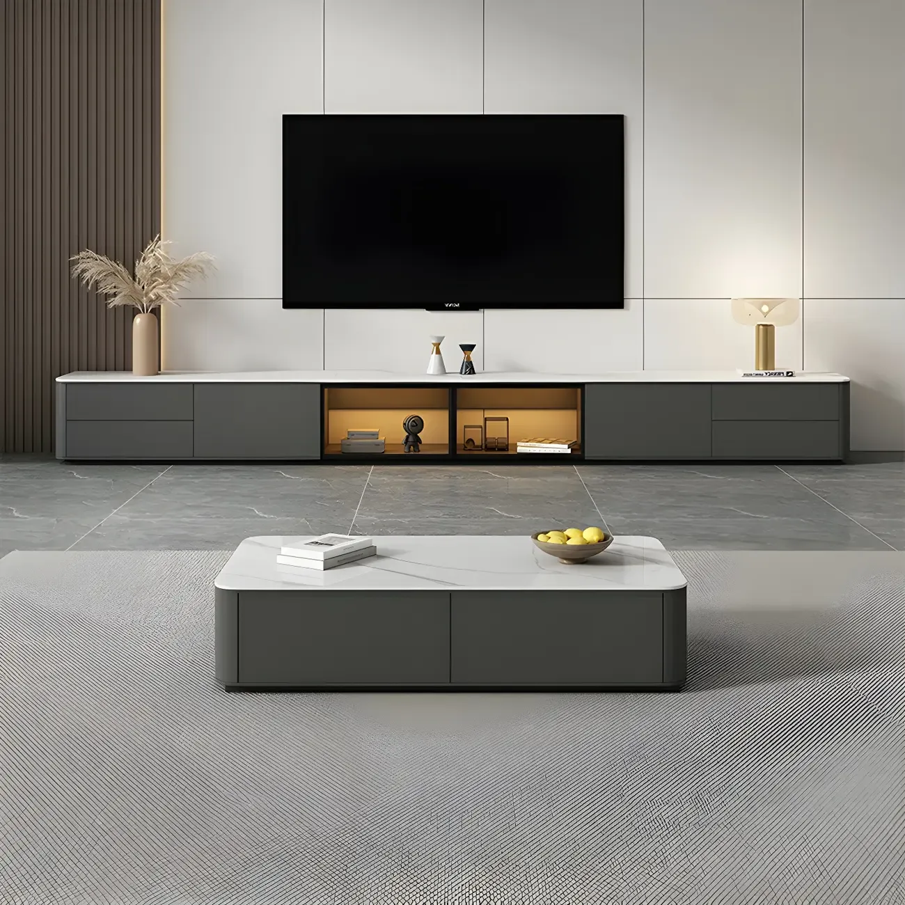 Living Room Grey Stone Long TV Stand with Drawers & Cabinet