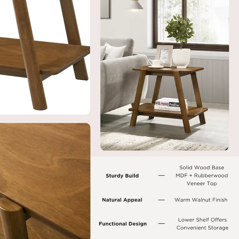 Mid-Century End Table - Wood, Sculptural Design, Storage Shelf, 26.77W x 21.65H