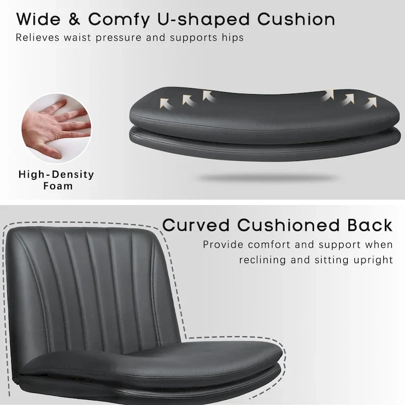 Bossin Criss Cross Chair with Wheels,PU Leather Armless Cross Legged Office chair, Adjustable Wide Seat Task Vanity Chair