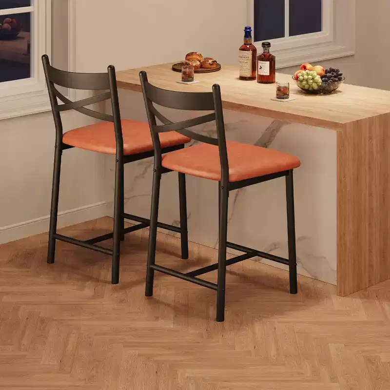 Set of 2 Counter Height Bar Stools with Back, Upholstered Faux Leather Bar Chairs with Thick Cushion and Footrest