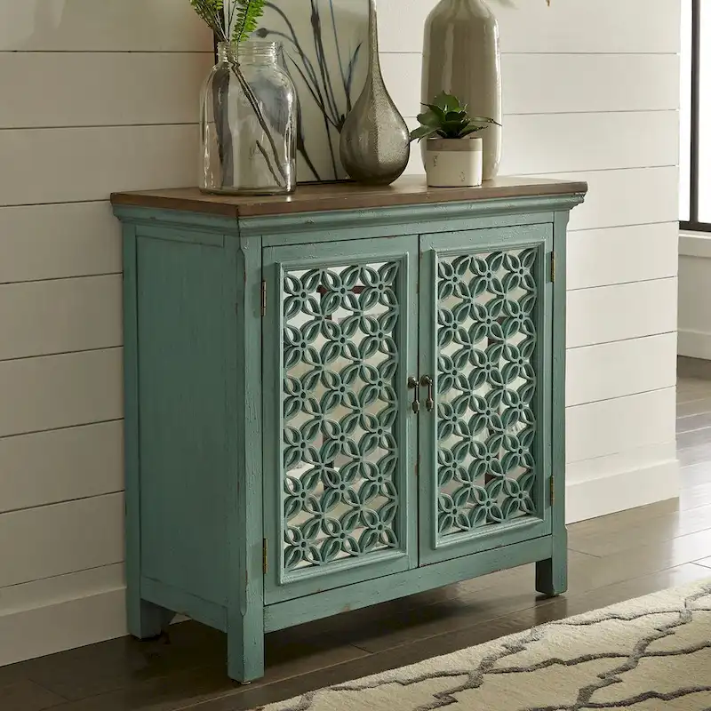 Kensington Turquoise W/ Worn Wood Tone Top 2 Door Accent Cabinet