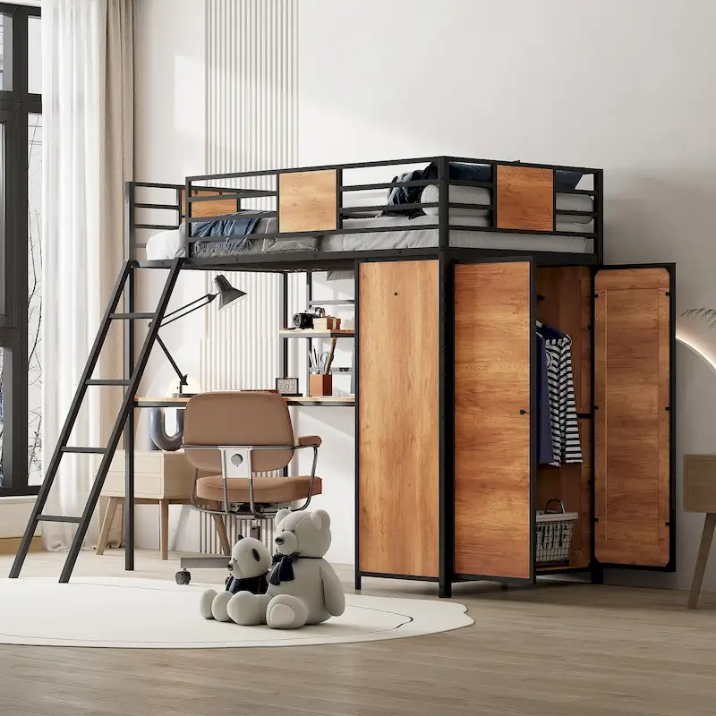 Black Twin Metal Wood Loft Bed with L-shape Desk