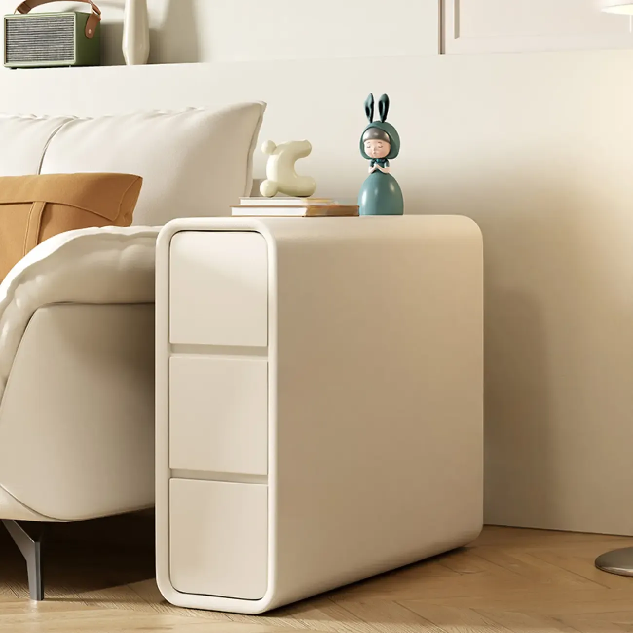Sleek Rectangular Leather White 3 Drawers Narrow Side Table