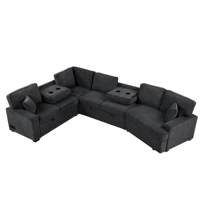 Black 126 L-Shaped 6-Seater Sofa with Pull-Out Bed and Cup Holders