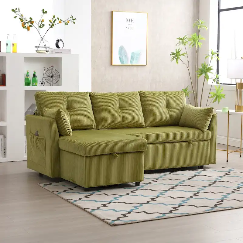 Corduroy L-Shaped Modular Sectional Sofa with Storage Chaise, Olive