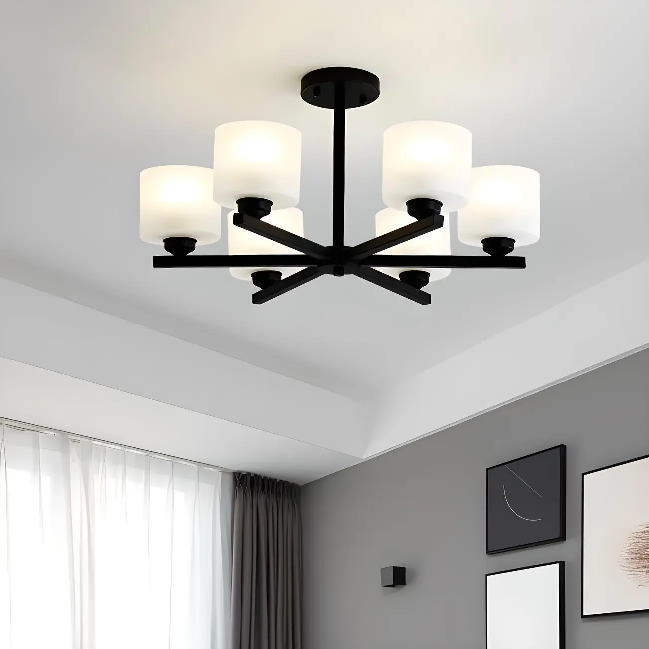 Modern Metal Cylinder Frosted Glass Semi Flush Ceiling Light