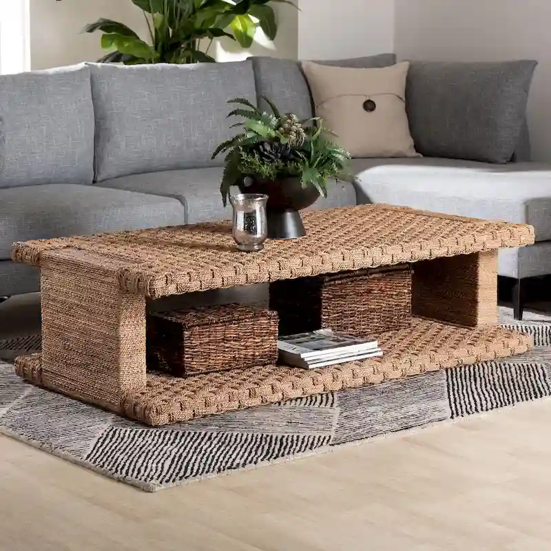 Hand-Woven Seagrass Coffee Table (with Open Storage Shelf) — Rectangular Rattan Center Table for the Living Room, Coastal Bohemian Style