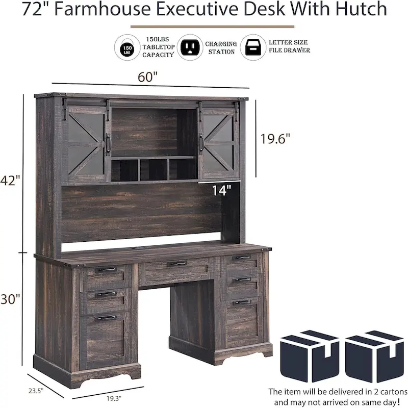 Farmhouse Desk, Wood Home Office Executive Desk with Charging Station