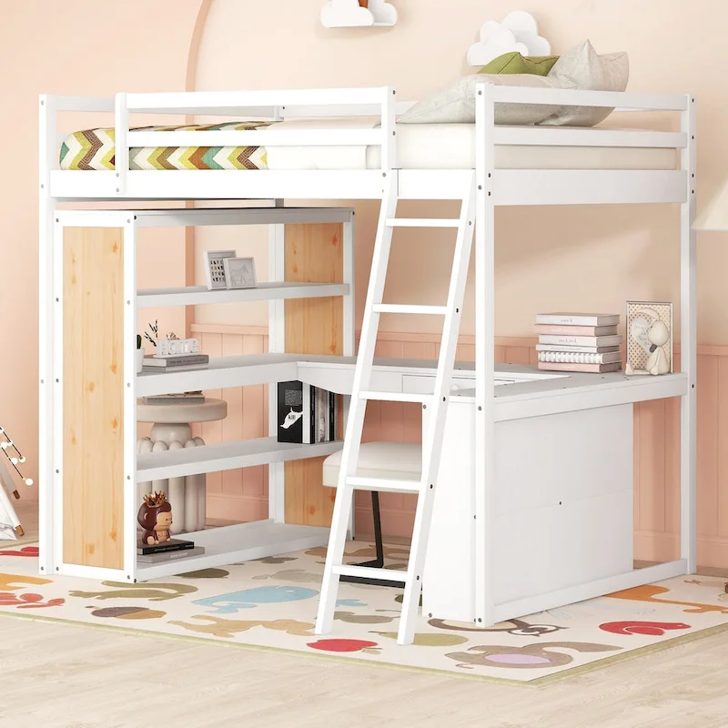 Loft Bed with Desk, Shelves, Drawer, and Ladder, Full-Length Guardrail