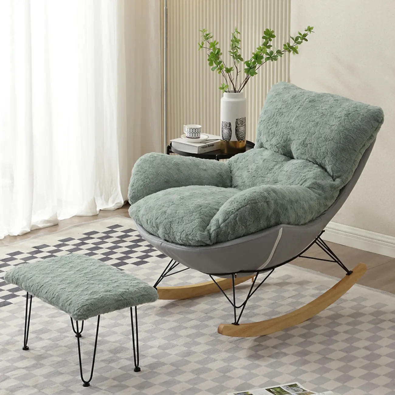 Modern Armless Upholstered Rocking Chair with Ottoman