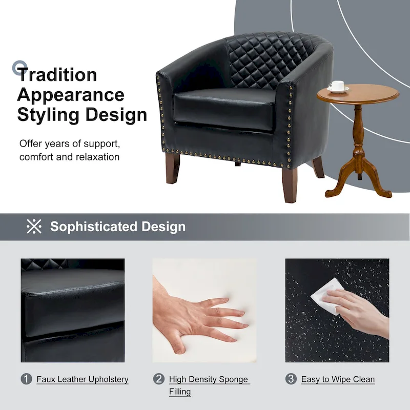 2 Set Vegan Leather Barrel Accent Chairs with Nailheads Trim