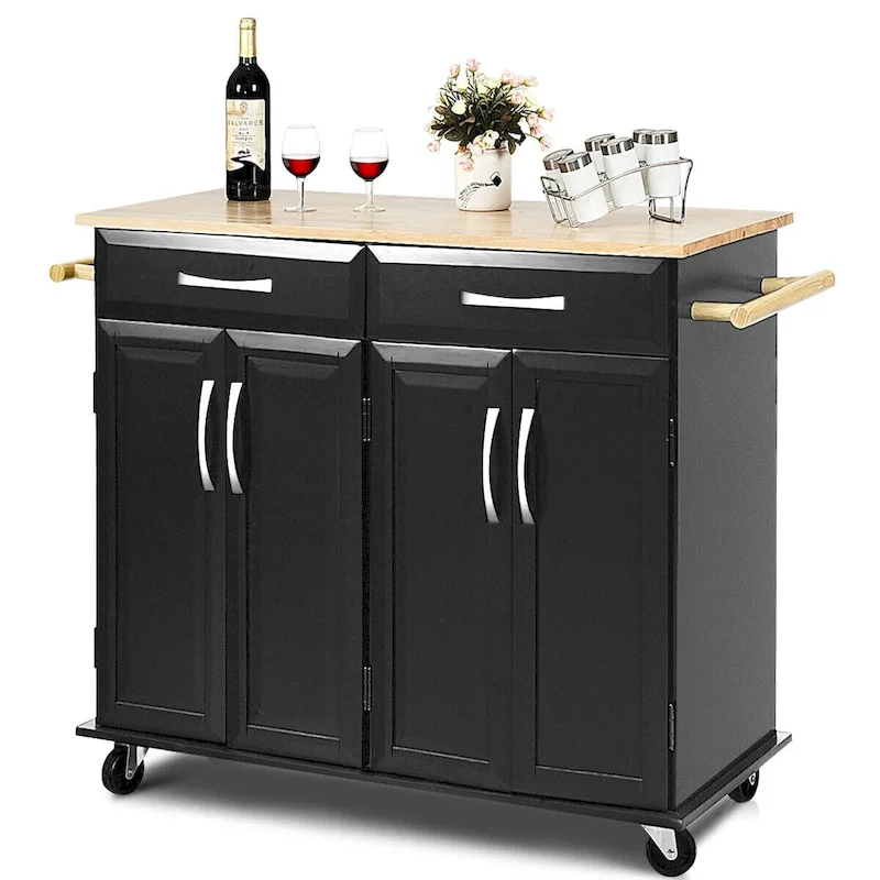 Rolling Kitchen Trolley Island Black Cart Wood Top Storage