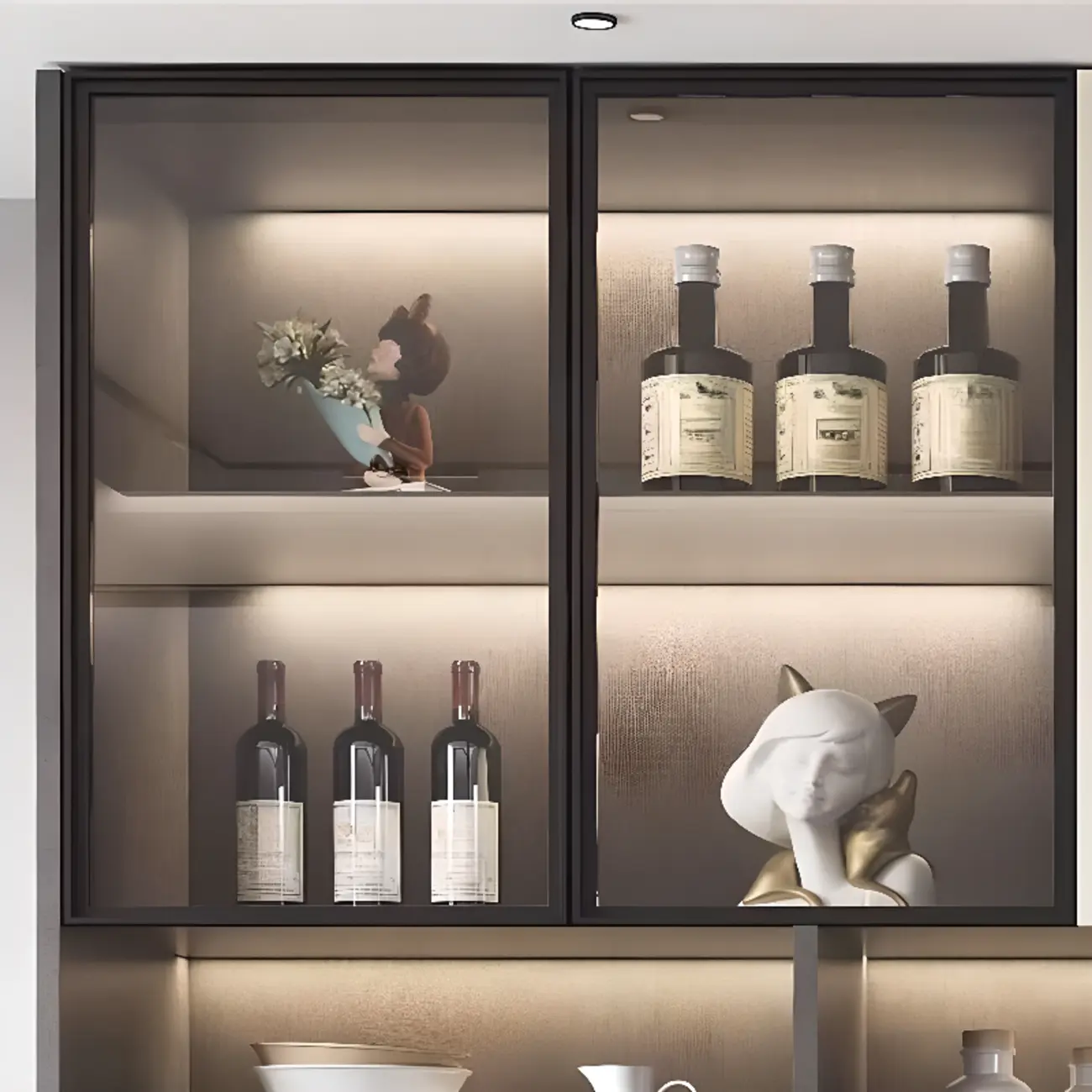 White Rectangular Multi-Shelves Glass Wood Wine Cabinet