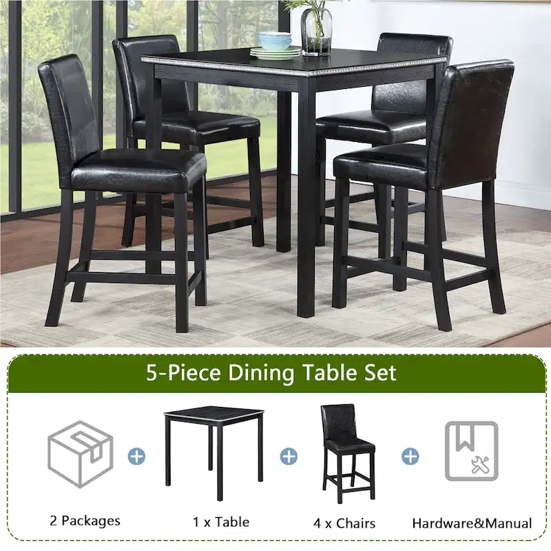 5 Piece Counter Height Table Set, Wooden Kitchen Table Set with Square Table and 4 Upholstered Chairs