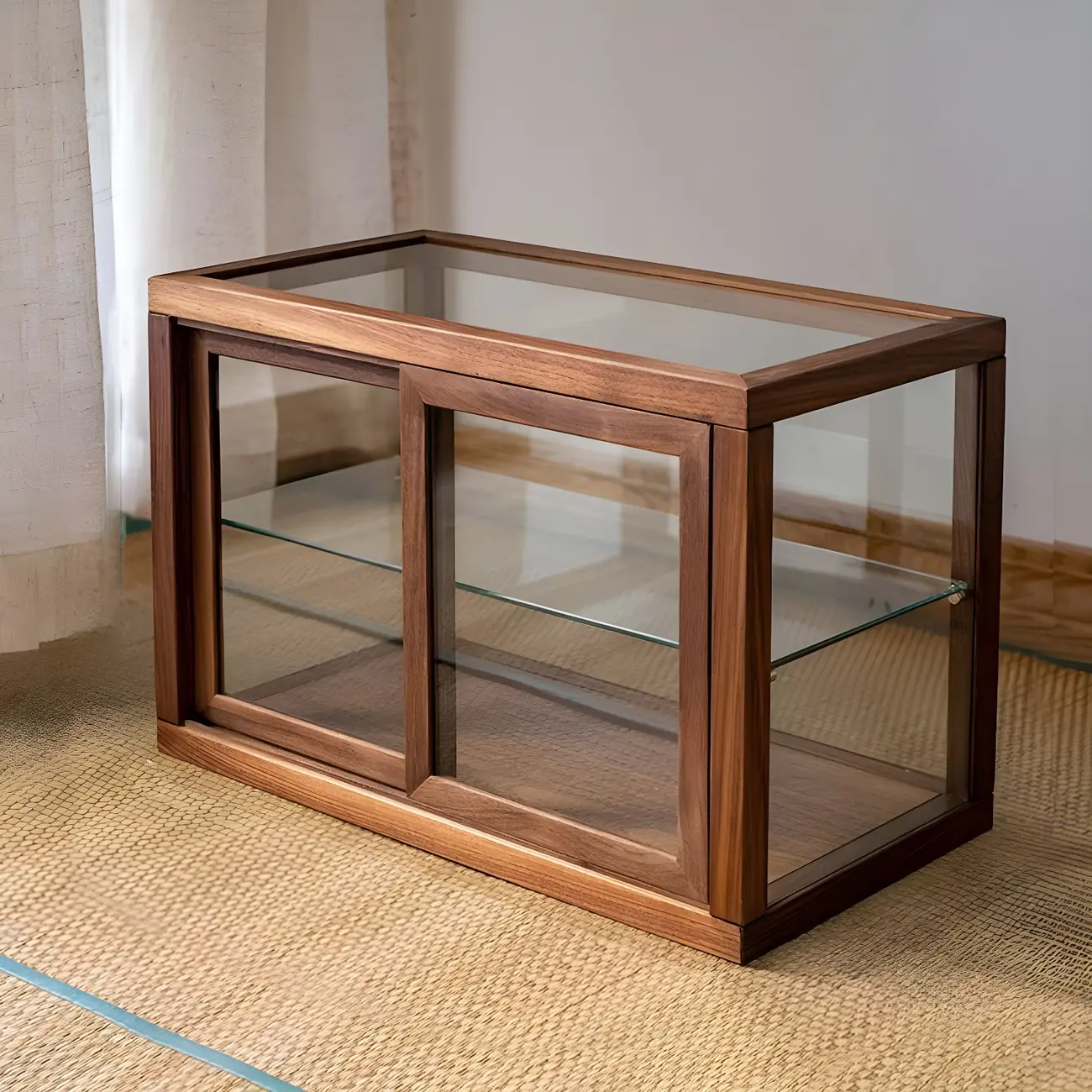 Minimalist 2-Tier Wooden Glass Display Cabinet for Tabletop