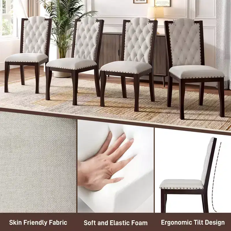 Beige Linen High Back Dining Chair, Button Tufted, Set of 4