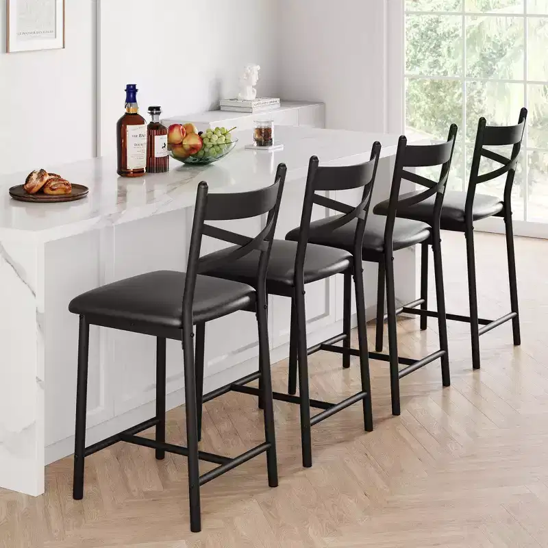 Set of 2 Counter Height Bar Stools with Back, Upholstered Faux Leather Bar Chairs with Thick Cushion and Footrest