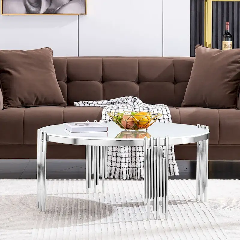 Modern 36 Round Coffee Table with Tempered Glass Top and Polished Chime-Shaped Legs