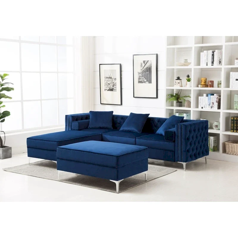 Tufted Upholstered Sofa with Ottoman, Blue/Grey/Purple, Nail Head Trim, Seats 3+