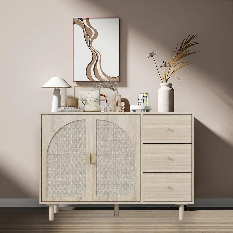 Natural Rattan Storage Cabinet with 2 Doors and 3 Drawers