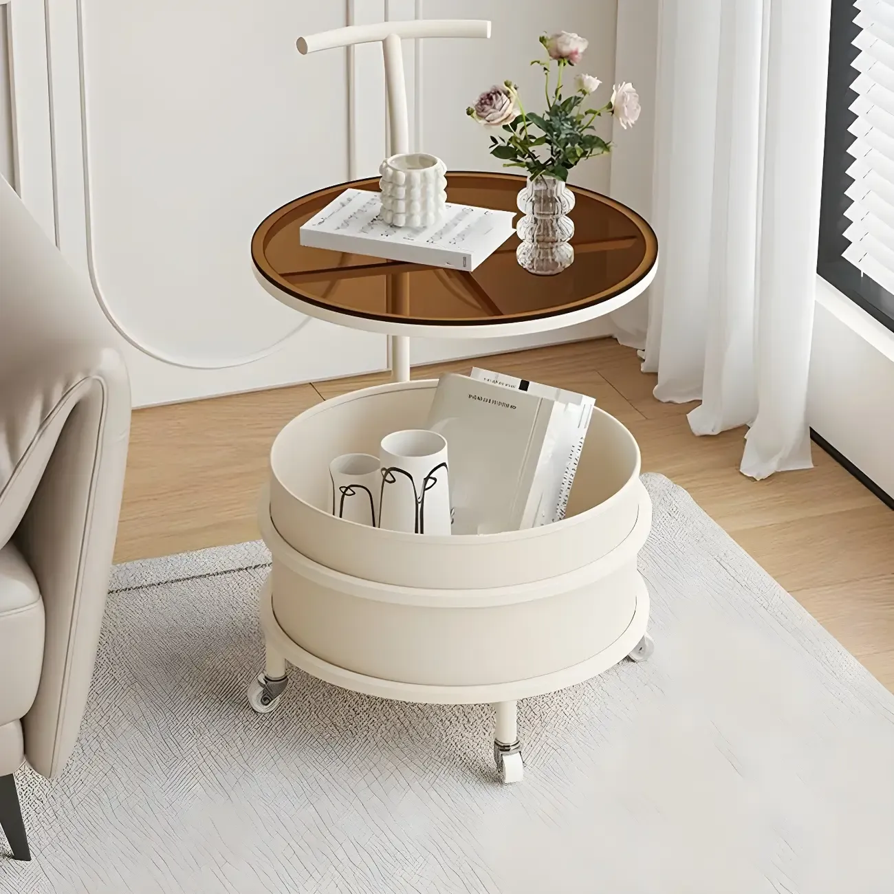 White Small Rolling Side Table with Storage for Living Room