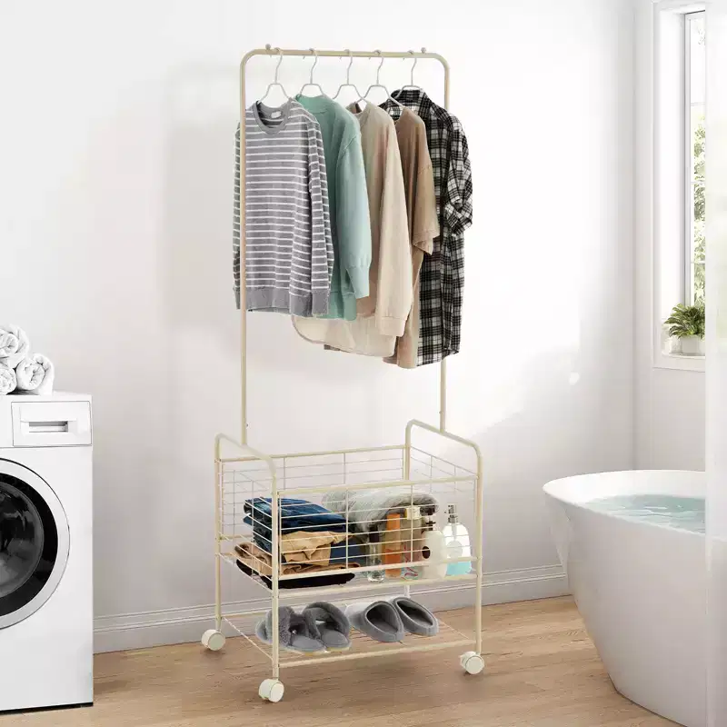 Black Rolling Metal Clothes Rack with Shelves & Basket — Single-Tier Hanging Rod