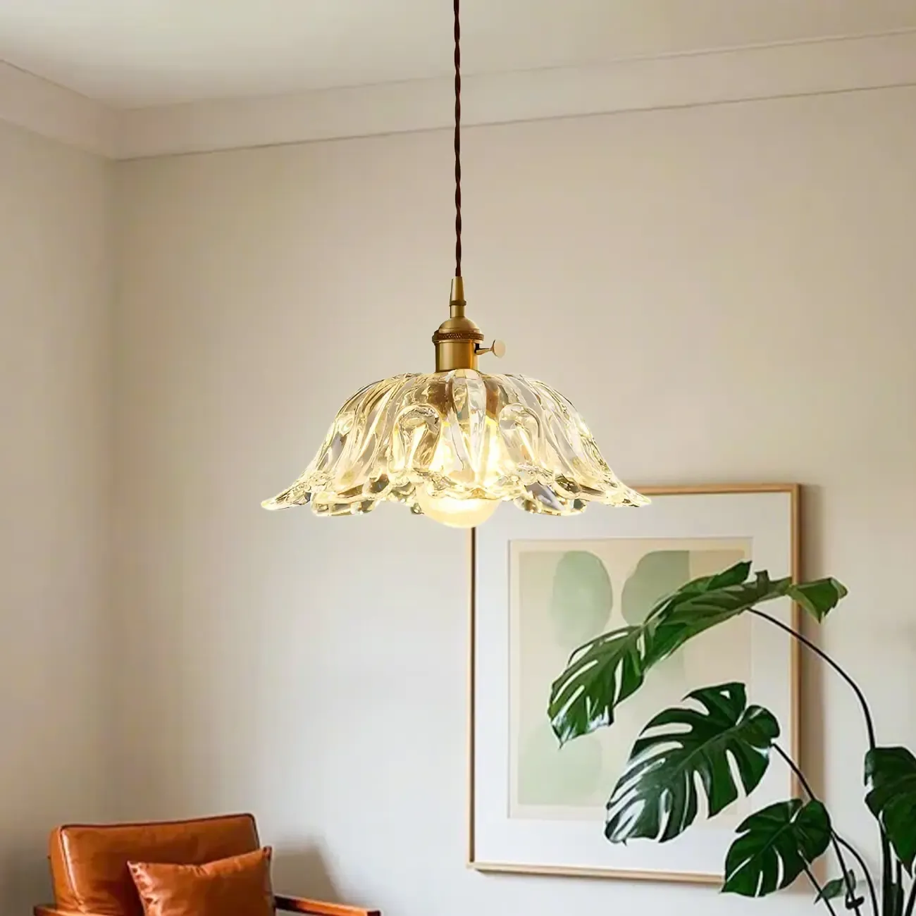 Vintage Clear Glass Floral Pendant Lamp for Living Room