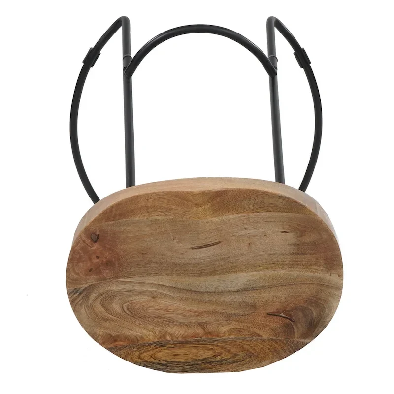 24 Inch Handcrafted Backless Barstool, Natural Brown Mango Wood Thick Saddle Seat, Black Iron Base