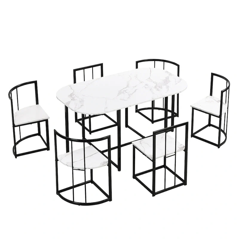 Modern 7-Piece Metal Frame Dining Table Set with Half-Round Table & 6 Chairs