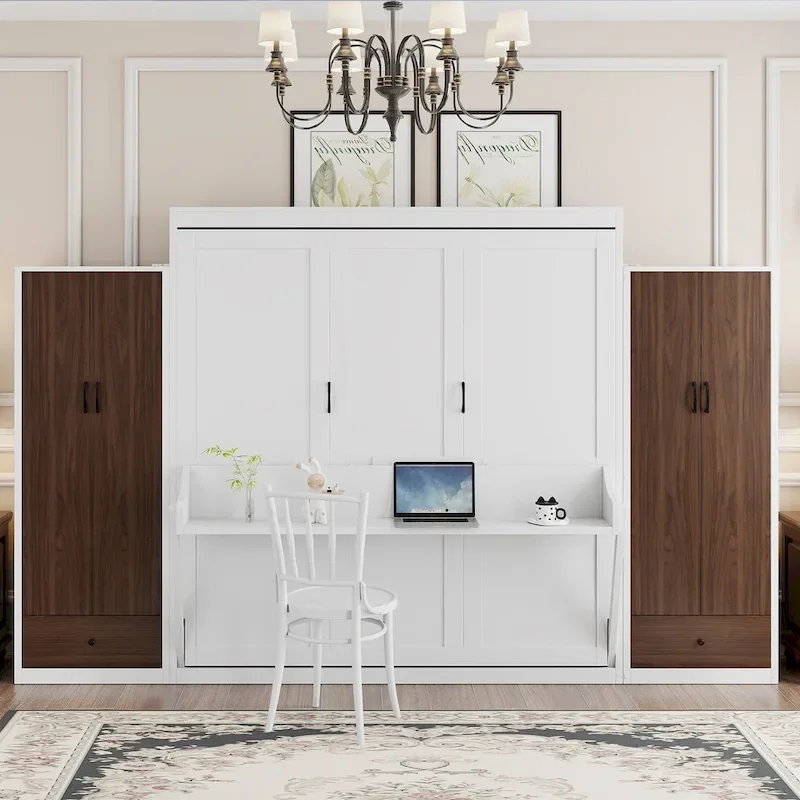 Queen Size Murphy Wall Bed with Wardrobe, Drawers and Fold-Down Desk