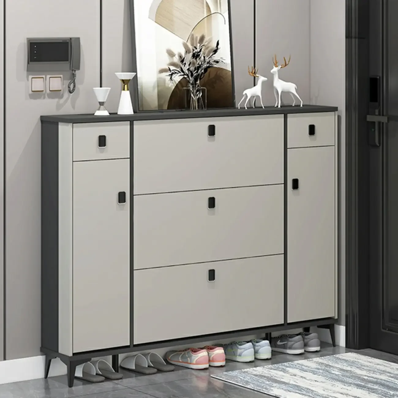 Narrow Black-White Solid Wood Drop Front Shoe Cabinet