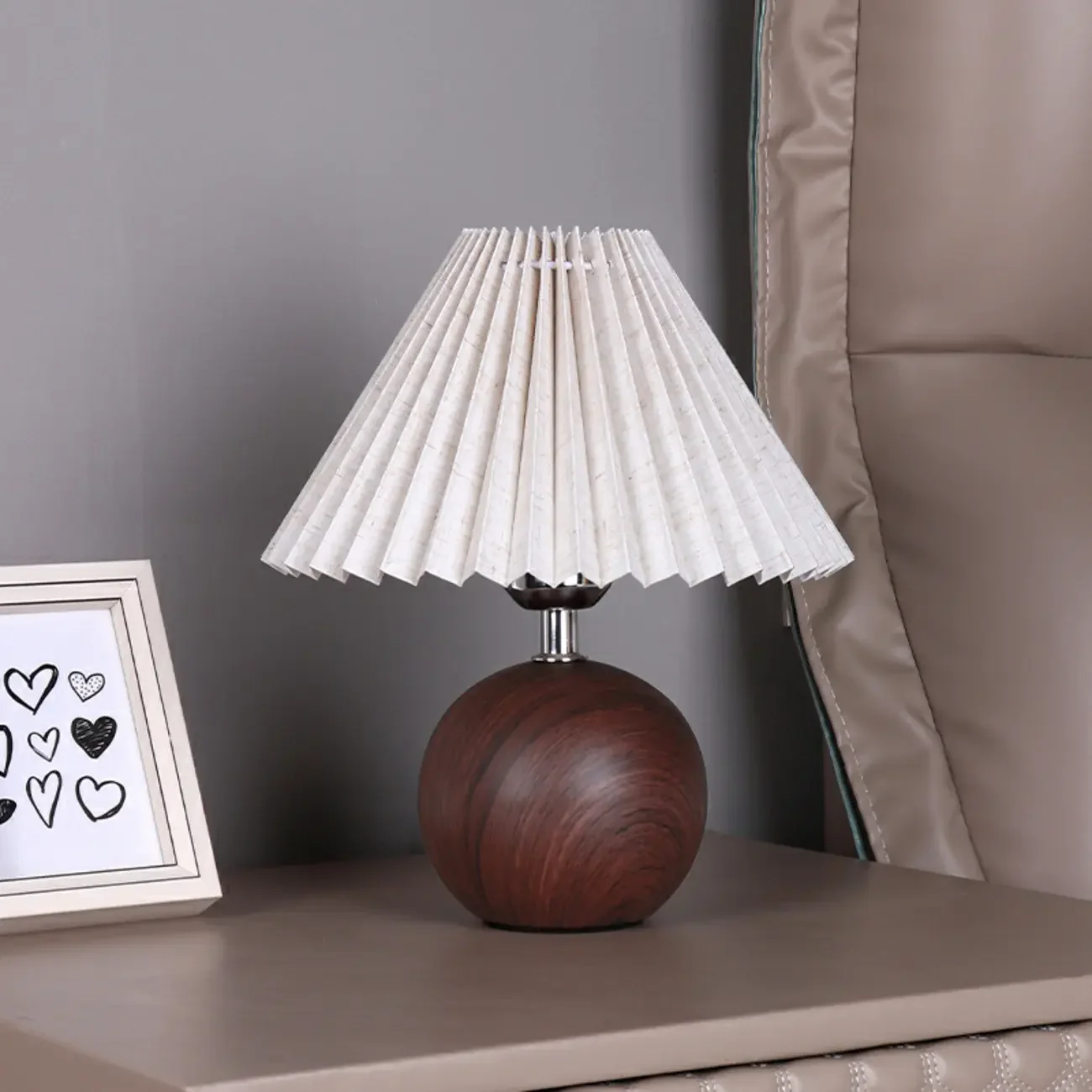 Vintage Wooden Pleated Shade Table Lamp for Bedroom