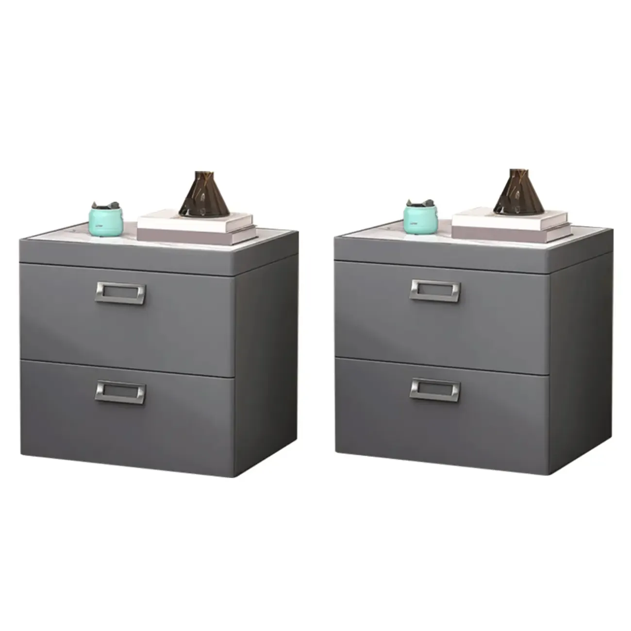 Modern Faux Leather 2 Drawers Nightstand with Stone Top