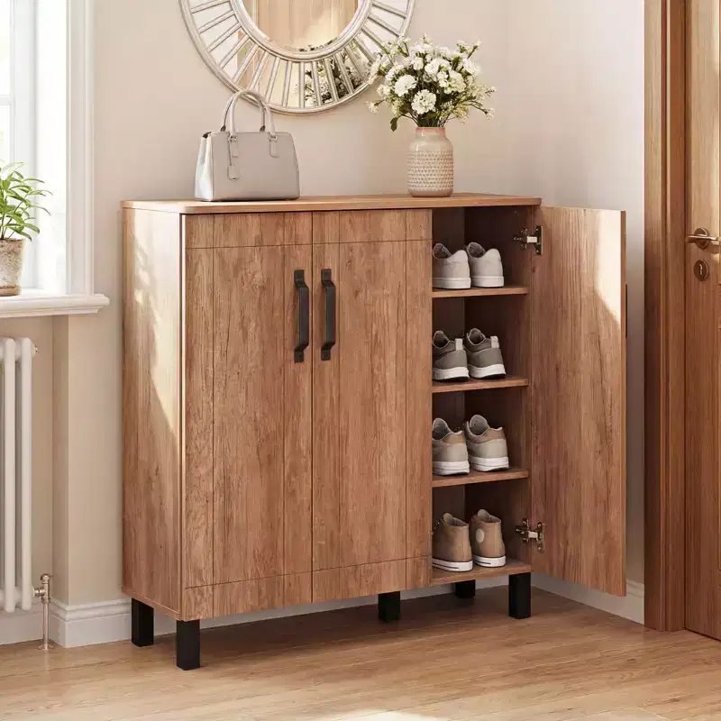 Mocha Oak 3-Door Shoe Cabinet, 4-Tier, Fits 1–2 Users