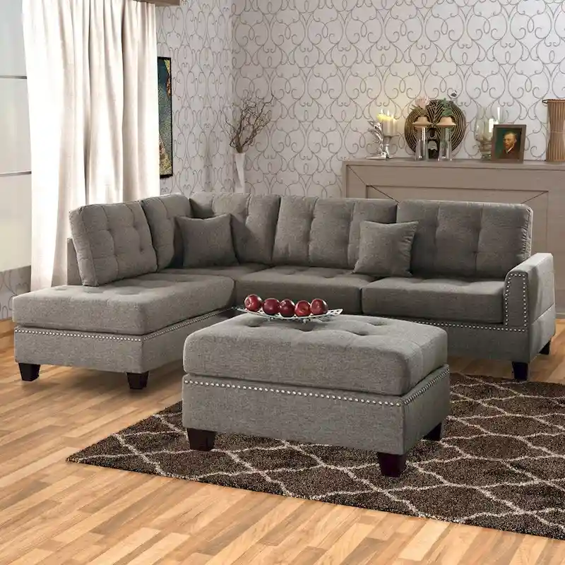 Polyfiber 3 Piece Sectional Set With Plush Cushion In Light Brown
