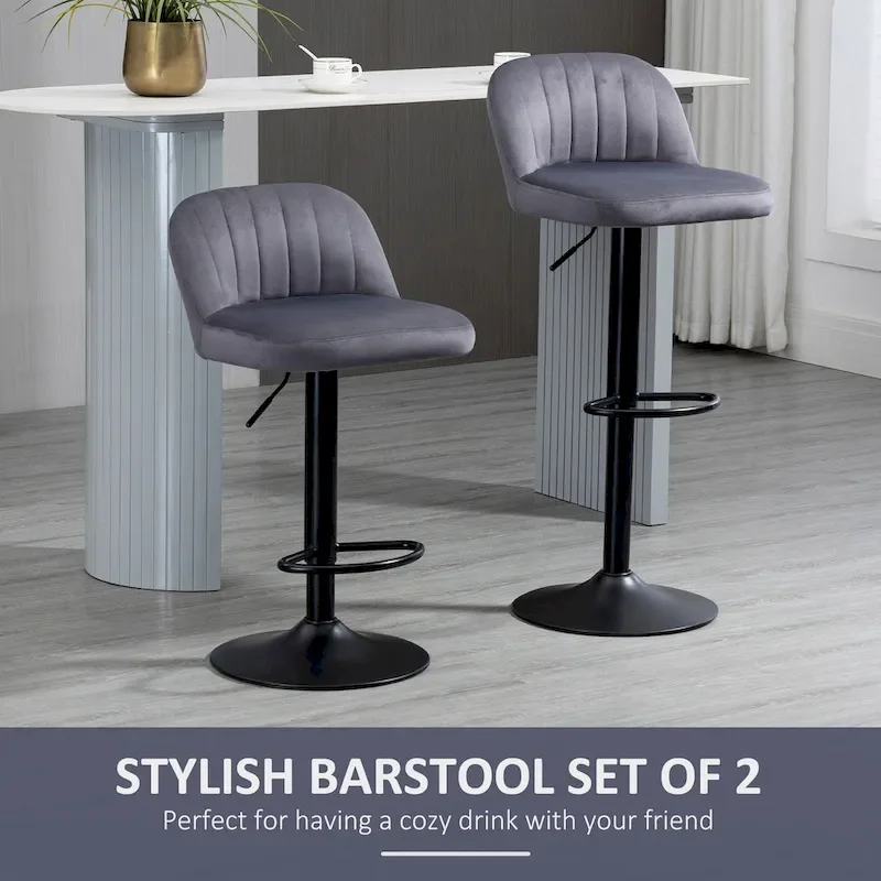 HOMCOM Adjustable Bar Stools Set of 2, Velvet Counter Height Barstool, Upholstered Kitchen Stool with Swivel Seat, Steel Frame