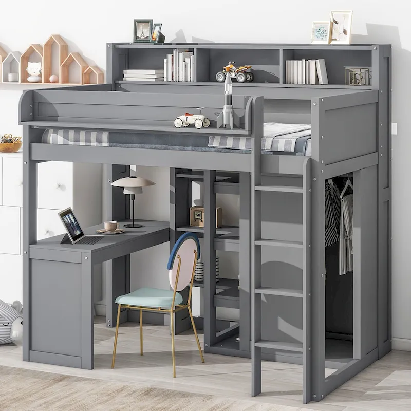 Twin Wood Loft Bed with Shelves, Wardrobe, and Desk