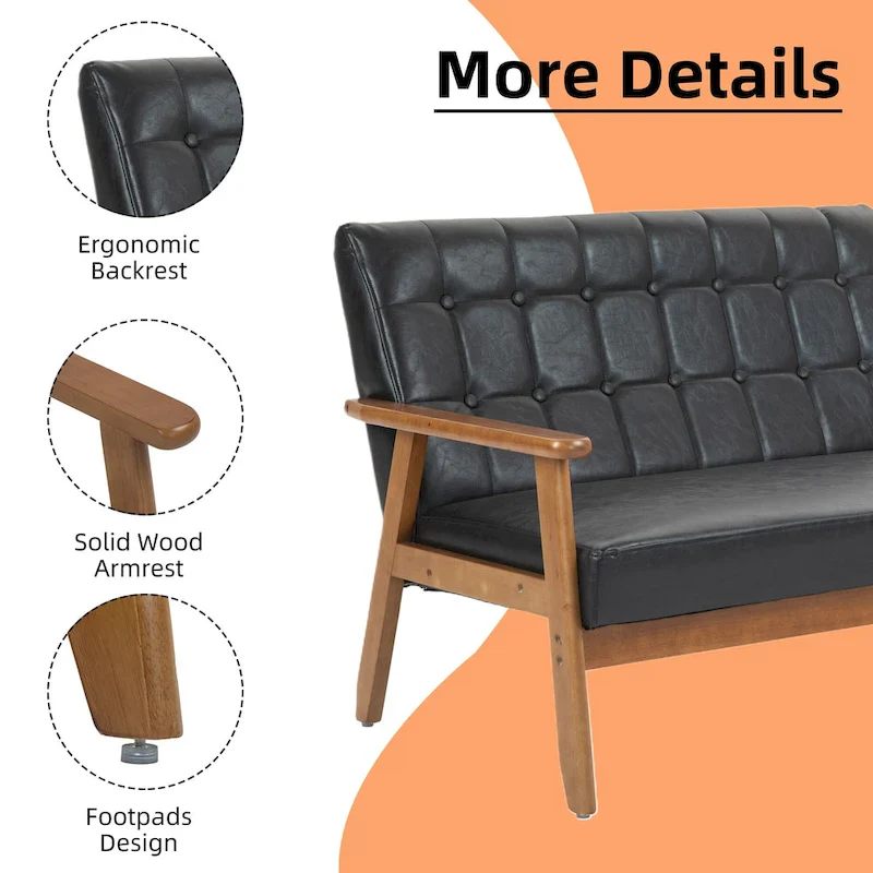 Mid-Century Linen/PU Upholstered Wood Frame Tufted Loveseat Sofa