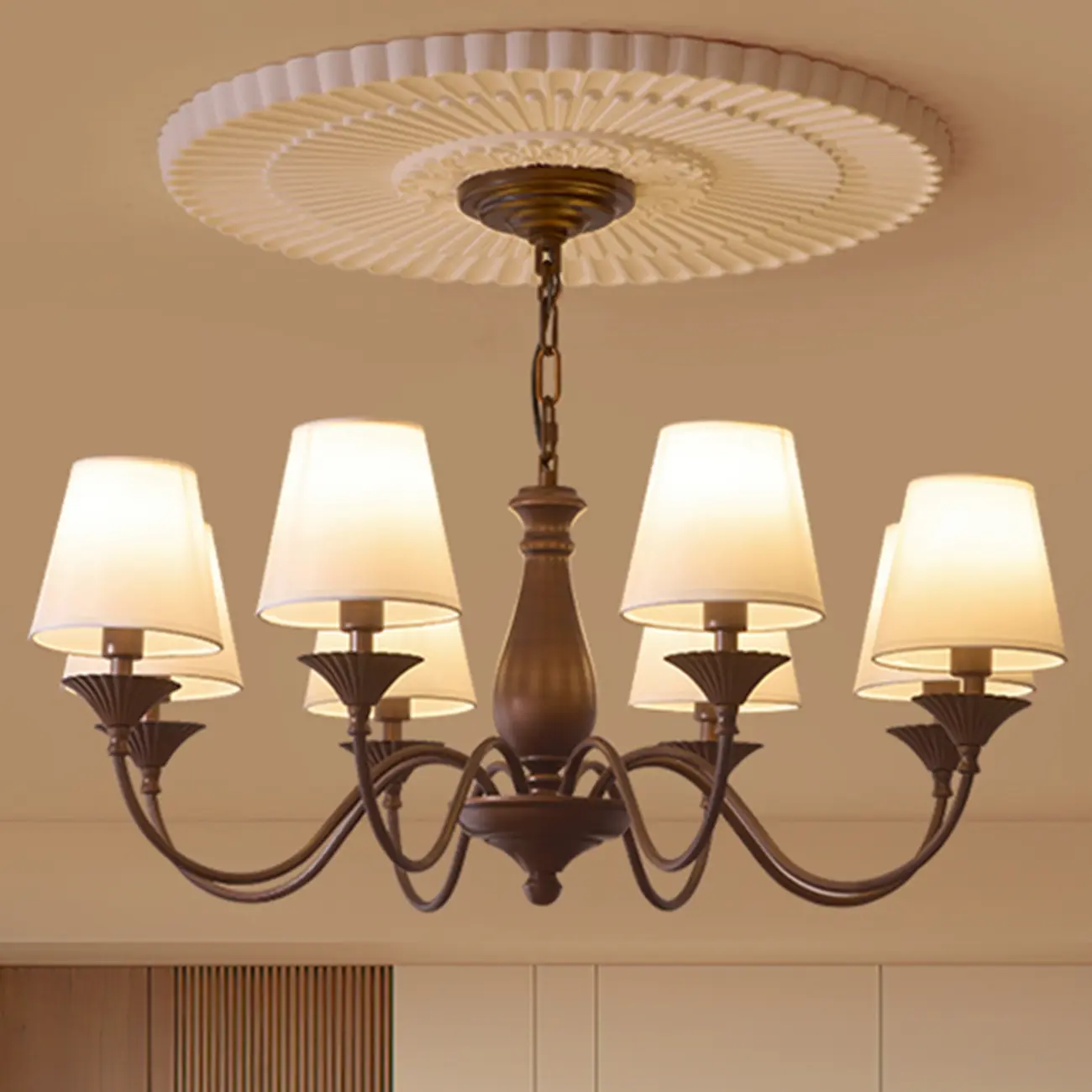 Traditional Brown Metal Fabric Barrel 8 Lights Chandelier