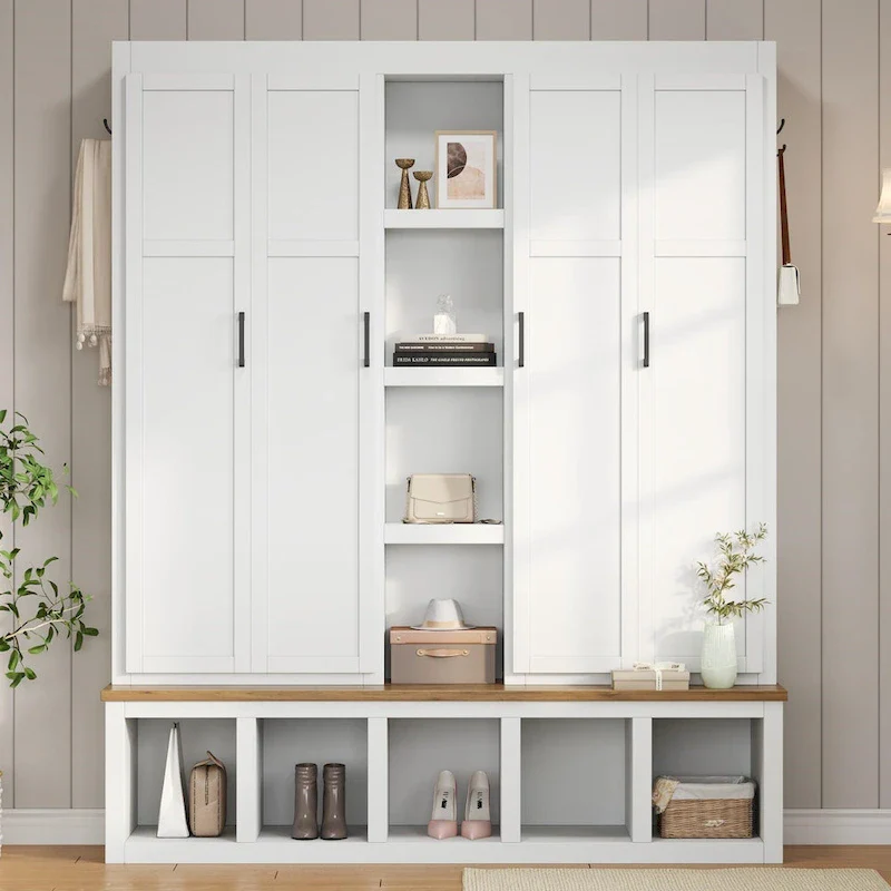Farmhouse-Style 4-in-1 Hall Tree with Mudroom Bench
