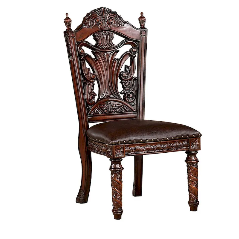 Iga 22 Inch Carved Dining Chair, Set of 2, Faux Leather Seat, Nailhead Trim