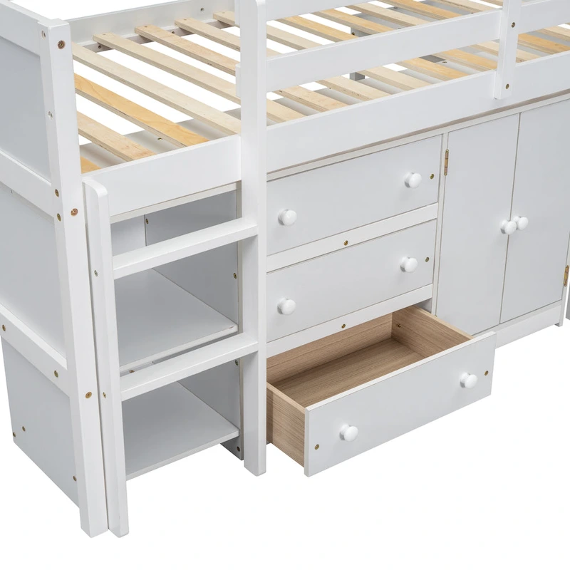 White Twin Wood Low Loft Bed with Pull-Out Desk & Drawers