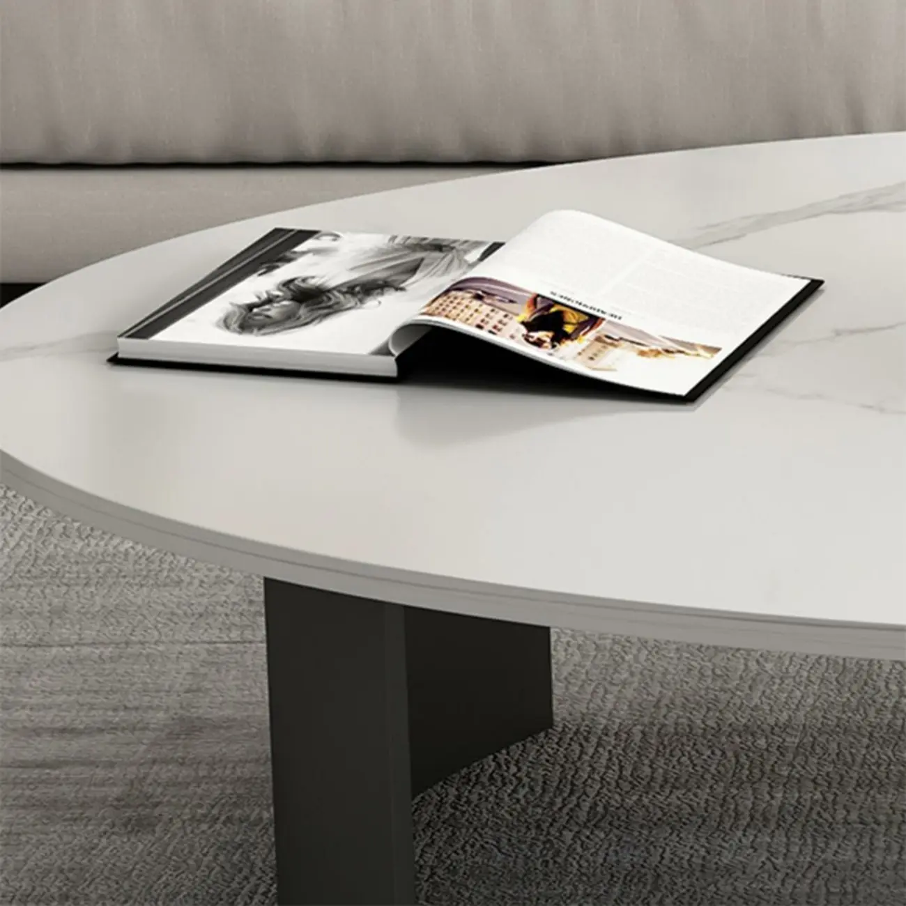 Oval Stone Top Scratch Resistant Iron Base Coffee Table