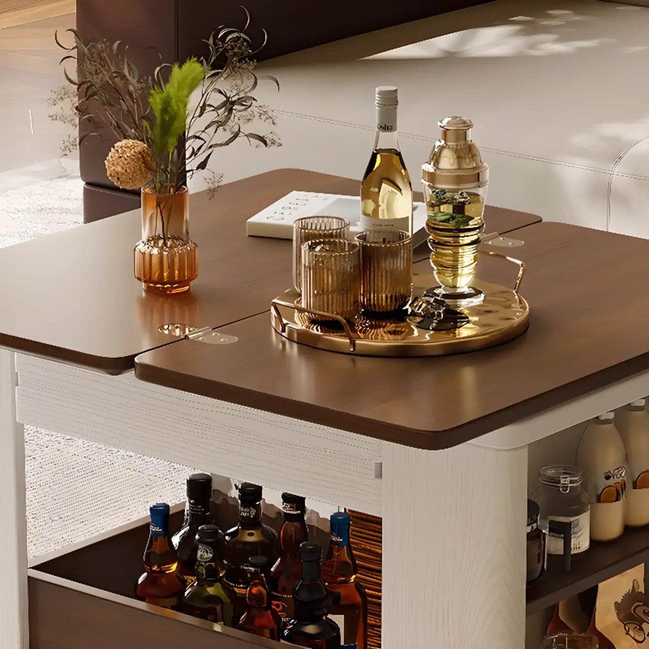 Multi-functional Wood Rolling Side Table Foldable Table Top