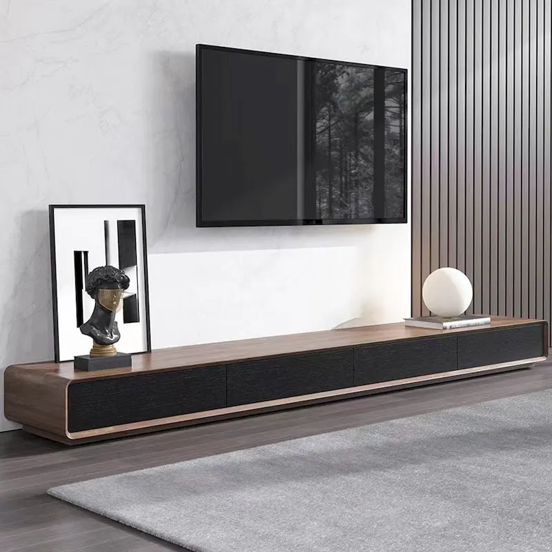 Modern Rectangular TV Stand with 4 Drawers, Wood Veneer Media Console, Walnut White, Soild Wooden, Fully-Assembled