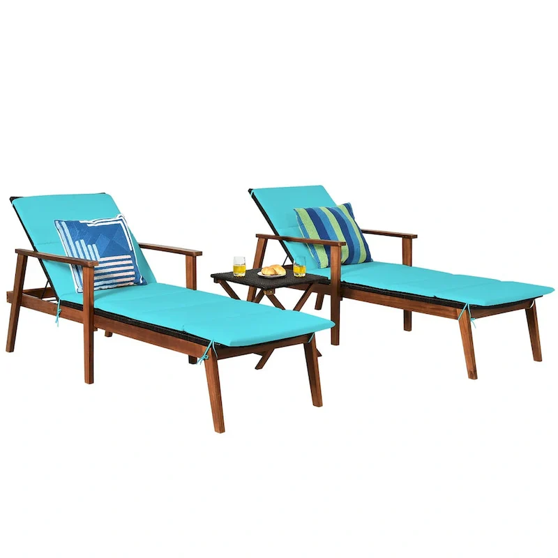 Costway 3PCS Patio Rattan Lounge Chair Folding Table Set Chaise Wood